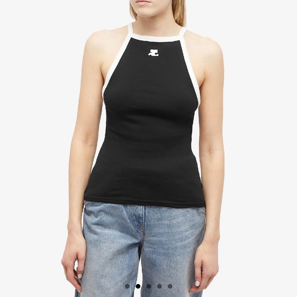 COURRÈGES LIGHT RIBS CONTRAST TANK TOP - BLACK SIZE MEDIUM US 6 - NEW